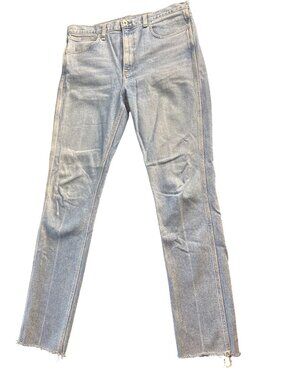 Rag & Bone High-Rise Straight-Leg Jeans Light Wash Frayed Hem Zippered Side Acce